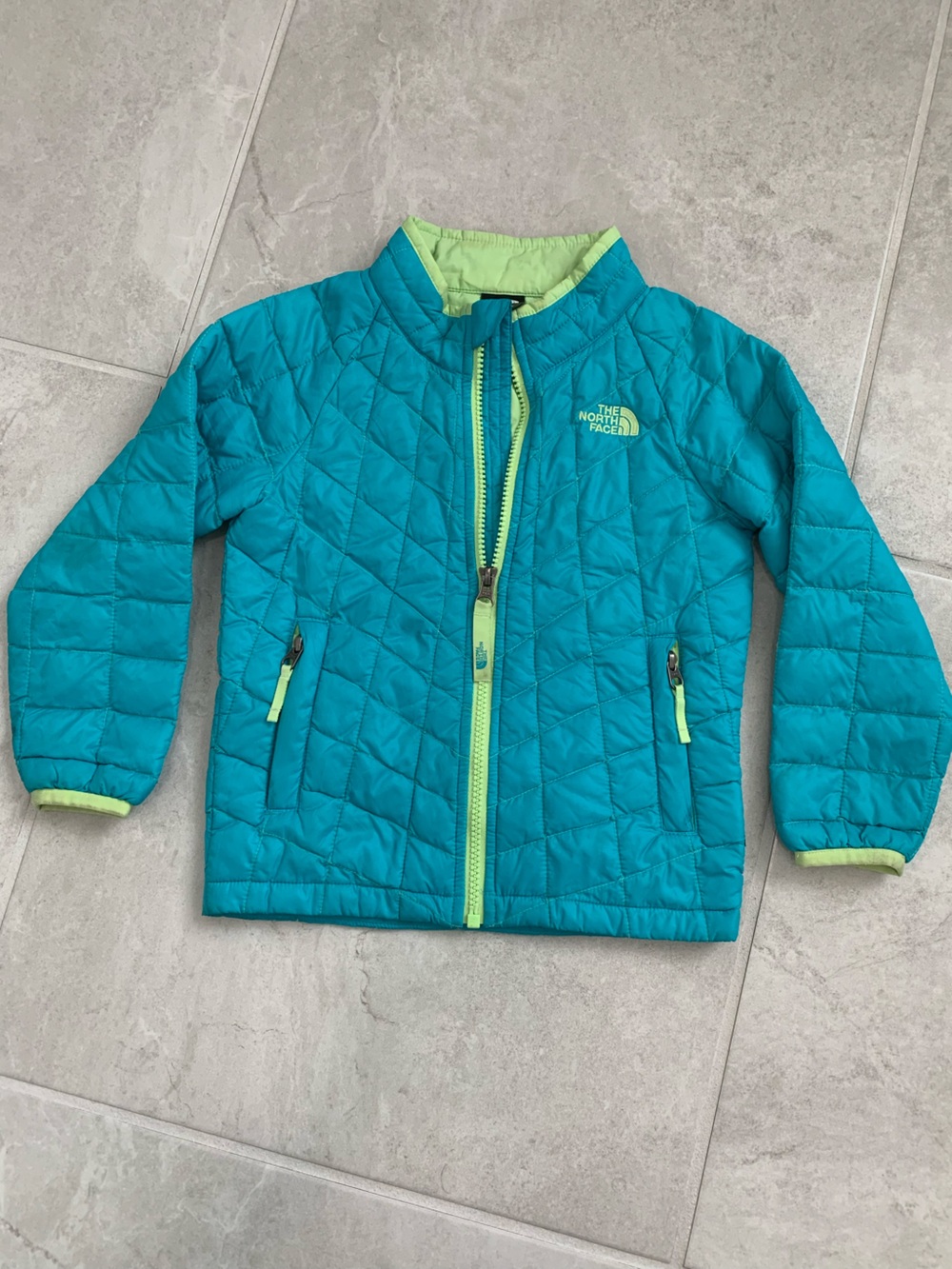 The North Face Kids Teal Puffer Jacket with Lime Trim